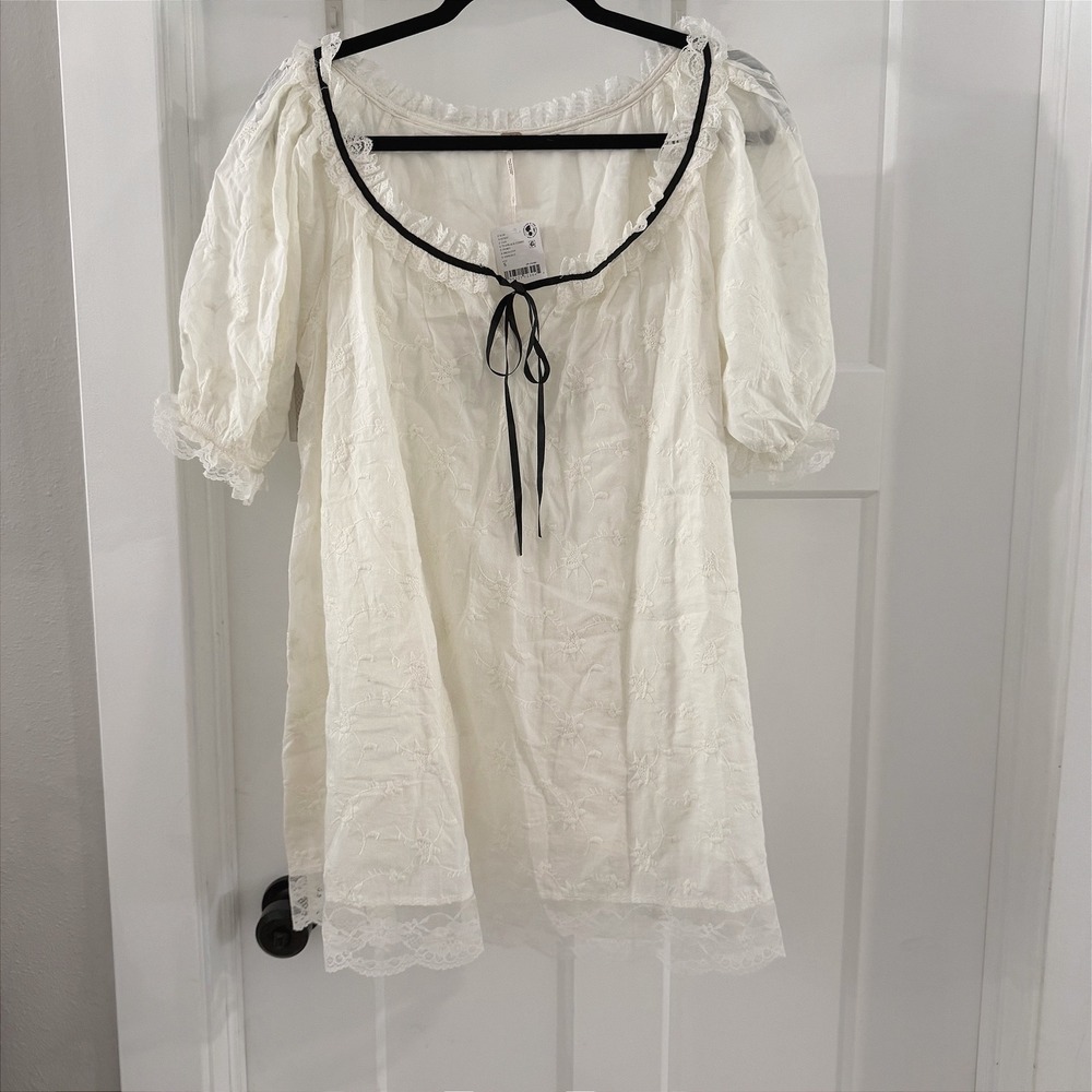 Free People Juno Embroidered Baby Doll Mini Dress Ivory Black S Coquette Boho